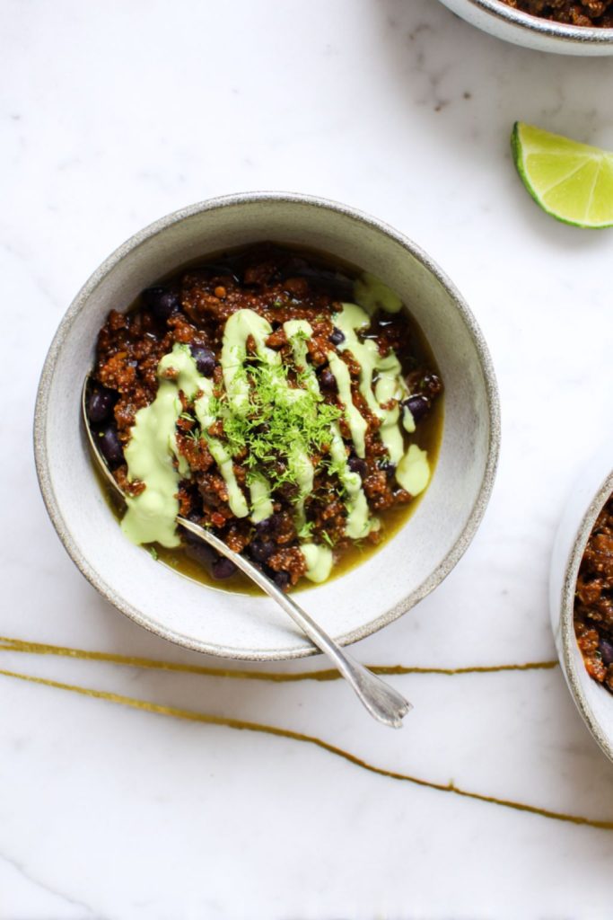 Beef & Black Bean Chili Verde with Lime Crema