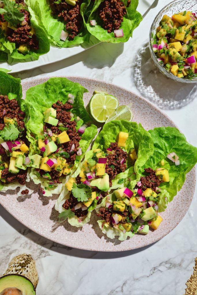 Beef Taco Lettuce Wraps with Mango-Avocado Salsa