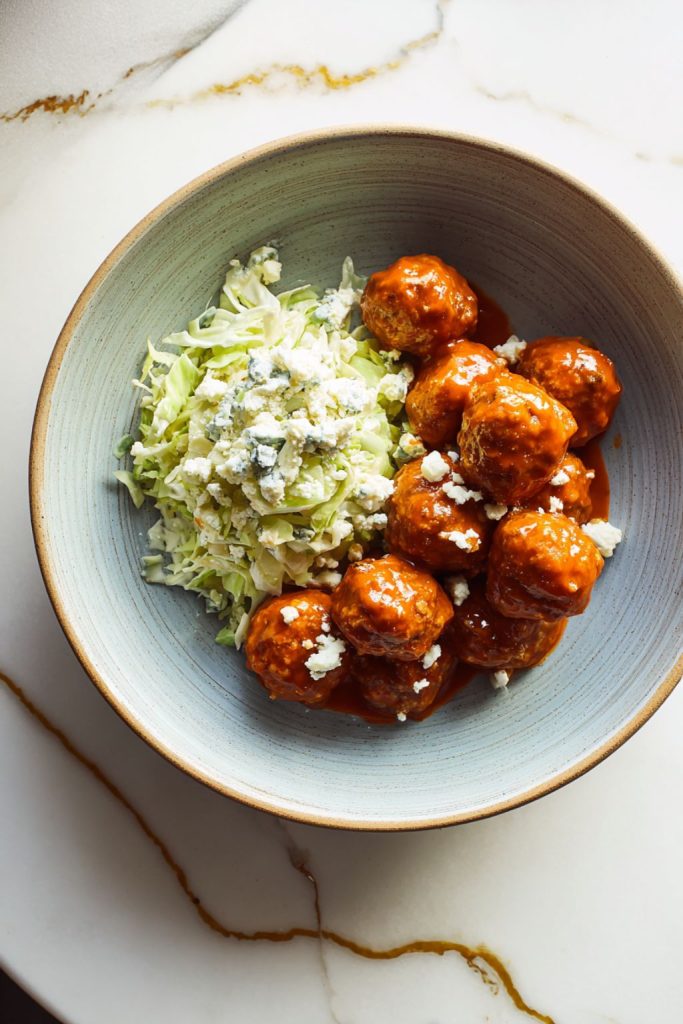 Buffalo Beef Meatballs with Blue Cheese Slaw