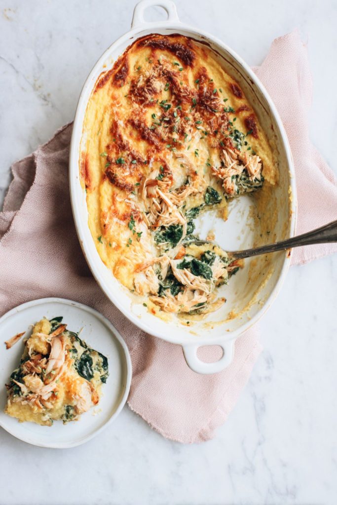 Cheesy Chicken & Spinach Polenta Bake