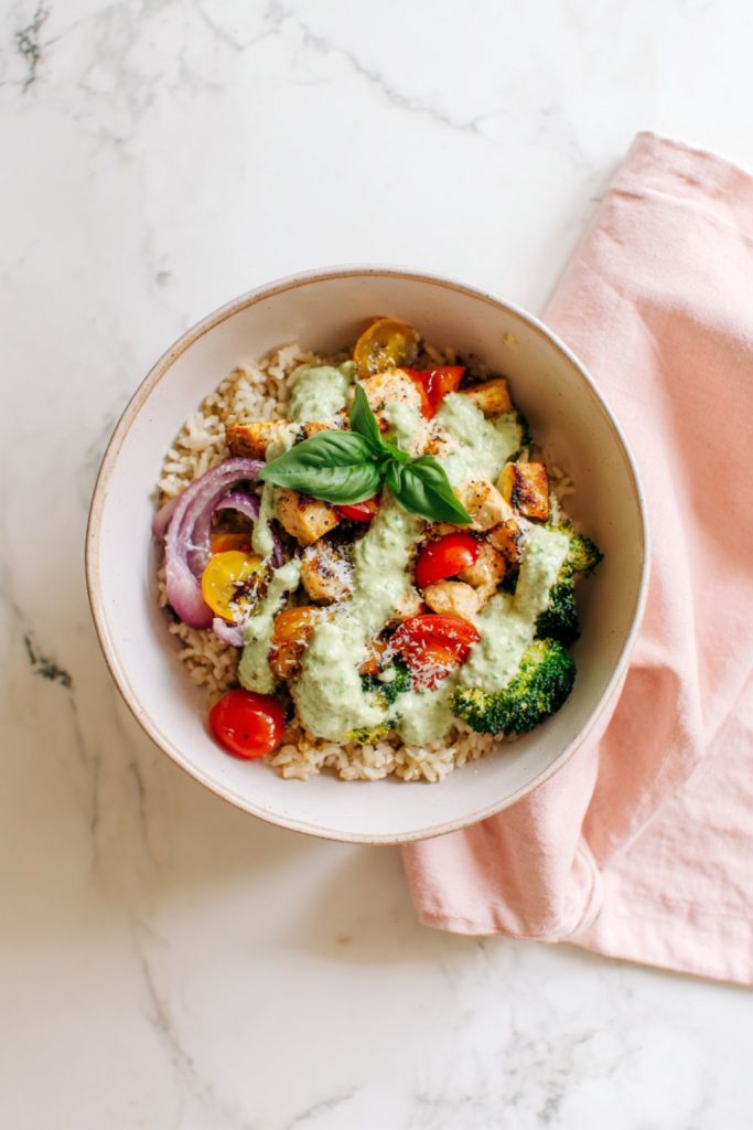 Easy Creamy Pesto Chicken Bowls