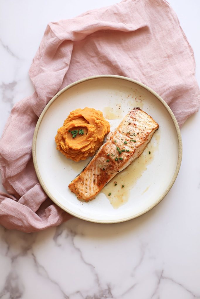 Garlic Butter Salmon with Sweet Potato Mash