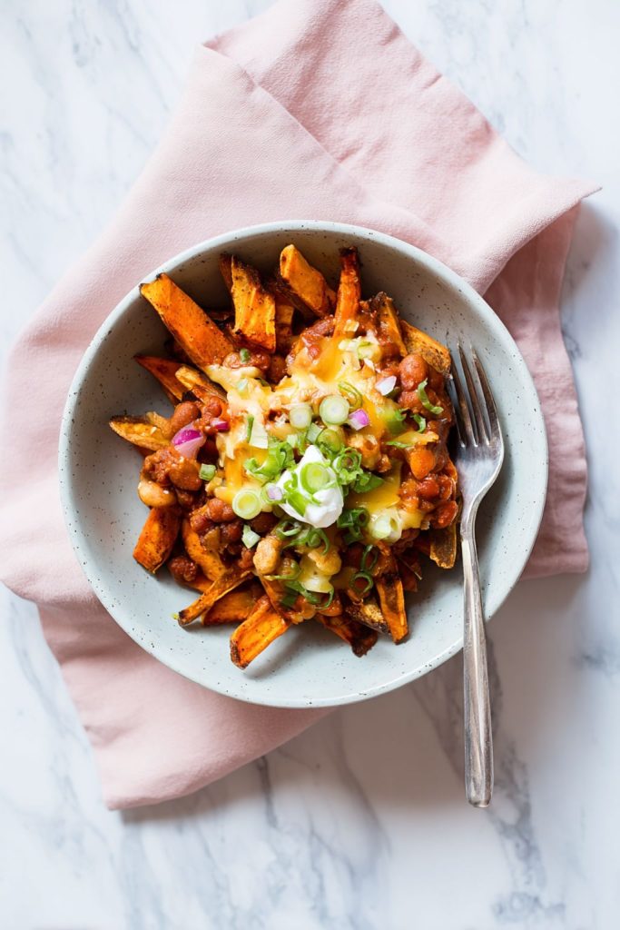 Loaded Sweet Potato Fries with Turkey Chili