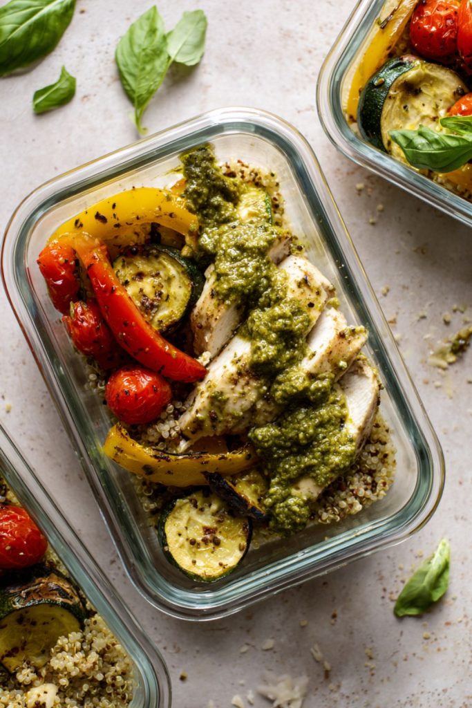 Pesto Chicken & Roasted Veggie Bowls