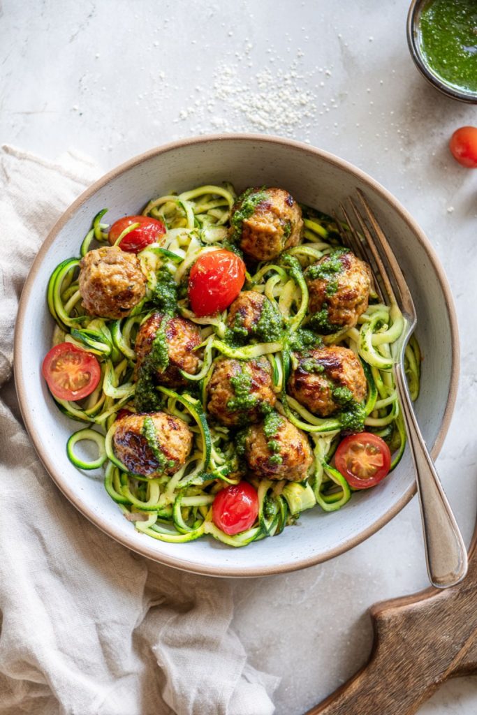 Pesto Turkey Meatball Zoodle Cups