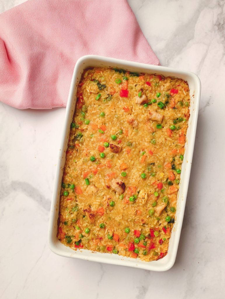 Rainbow Veggie & Chicken Fried “Rice” Bake