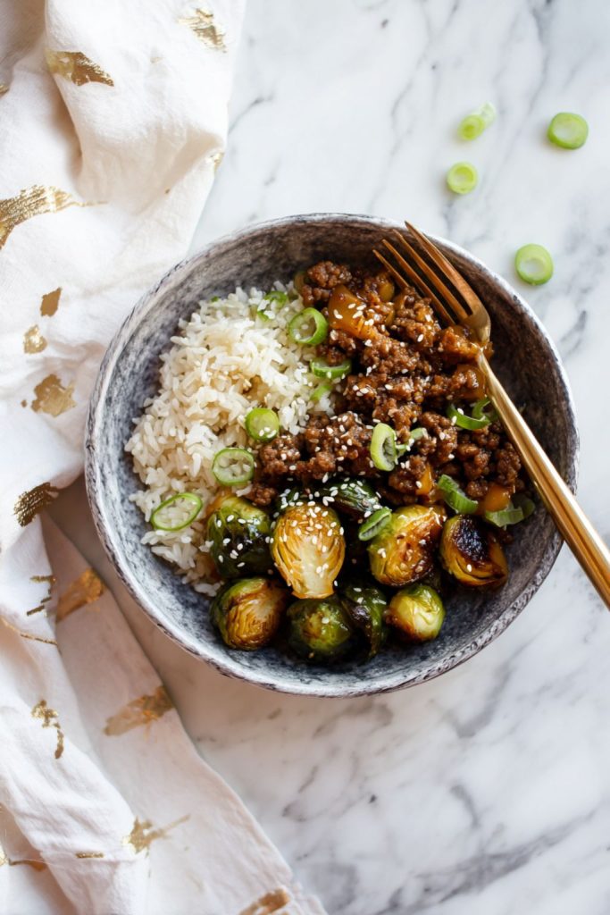 Spicy Sriracha Ground Beef & Roasted Brussels Bowl