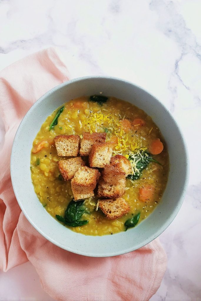 Zesty Lemon Lentil Soup with Parmesan Croutons