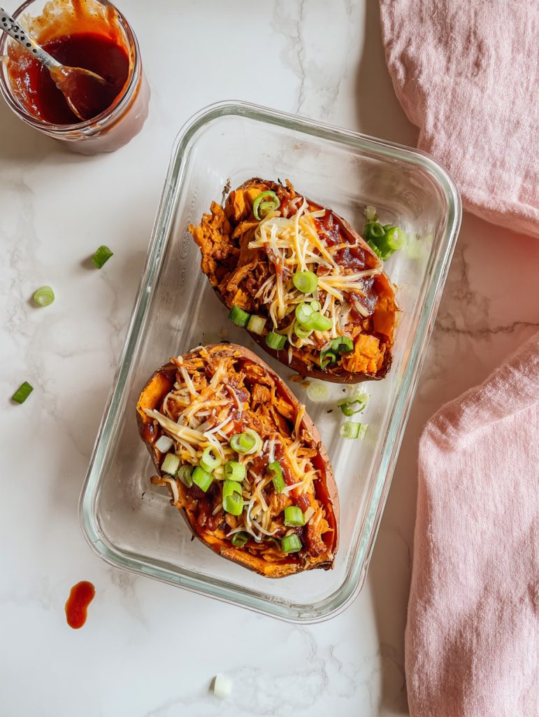 BBQ Lentil & Shredded Chicken Sweet Potatoes