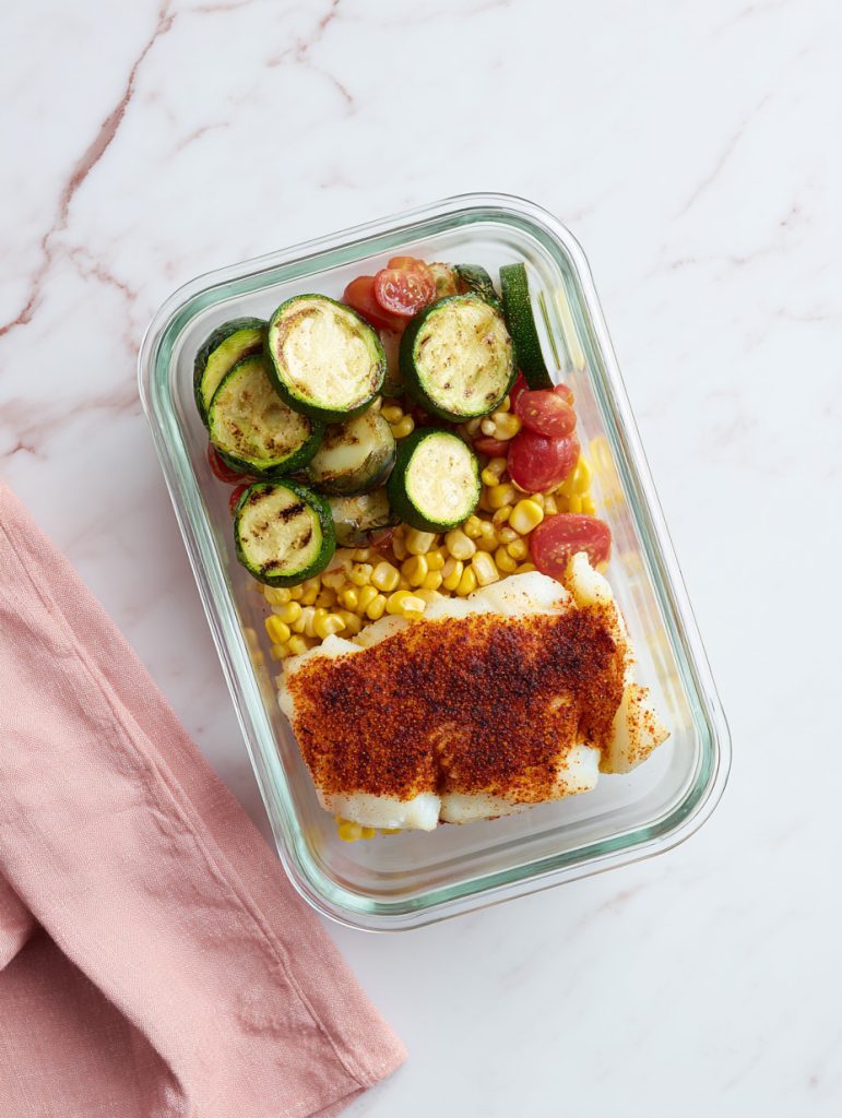 Cajun Cod + Roasted Zucchini + Tomato Corn Salad