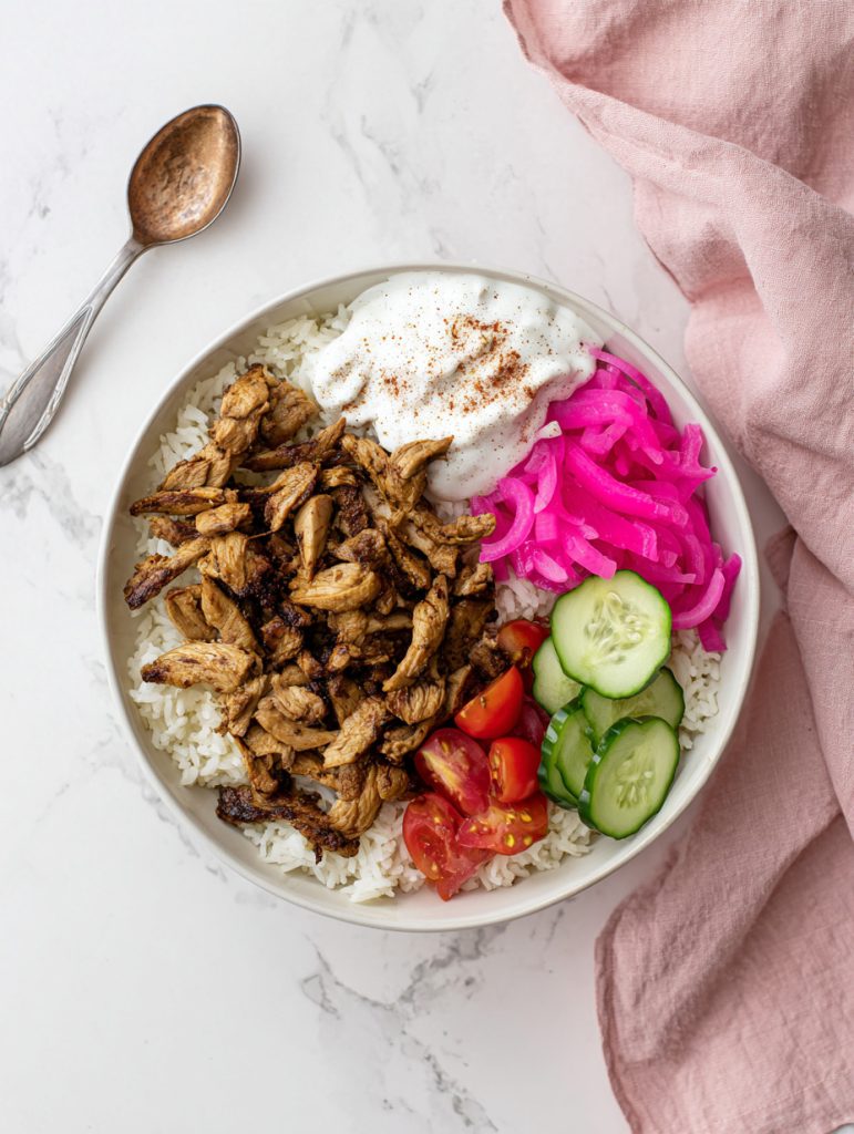 Chicken Shawarma Rice Bowl with Garlic Yogurt
