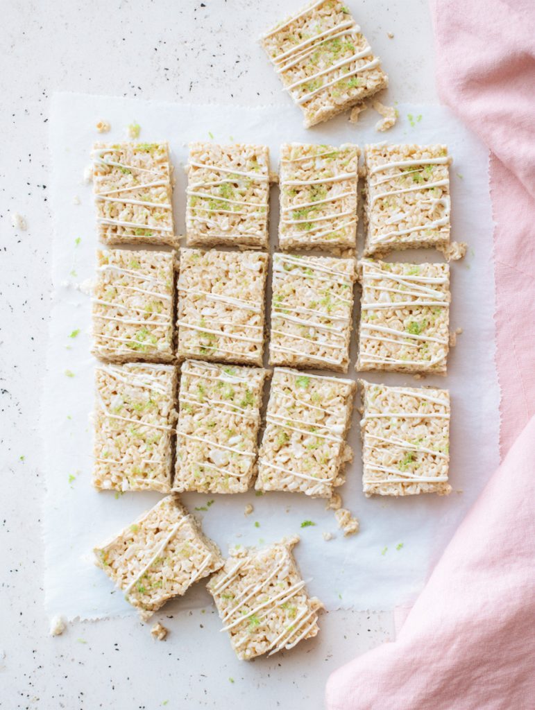 Coconut Lime Rice Krispie Bars with White Chocolate Drizzle