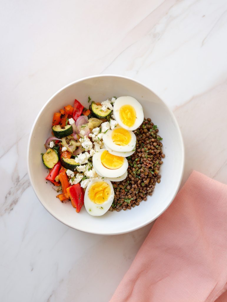 Lentil Veggie Bowl with Feta and Eggs