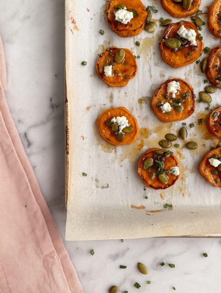 Maple Dijon Sweet Potato Rounds with Goat Cheese and Pepitas