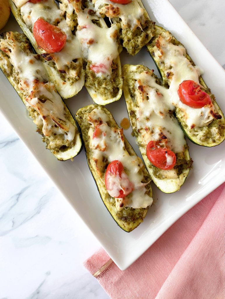 Pesto Chicken and Mozzarella Zucchini Boats
