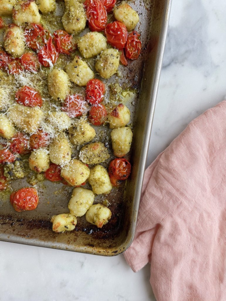 Sheet Pan Crispy Gnocchi with Pesto and Cherry Tomatoes