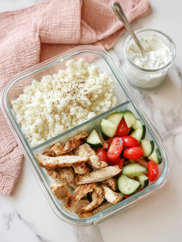 Sheet Pan Shawarma Chicken + Cauliflower Rice + Cucumber Salad
