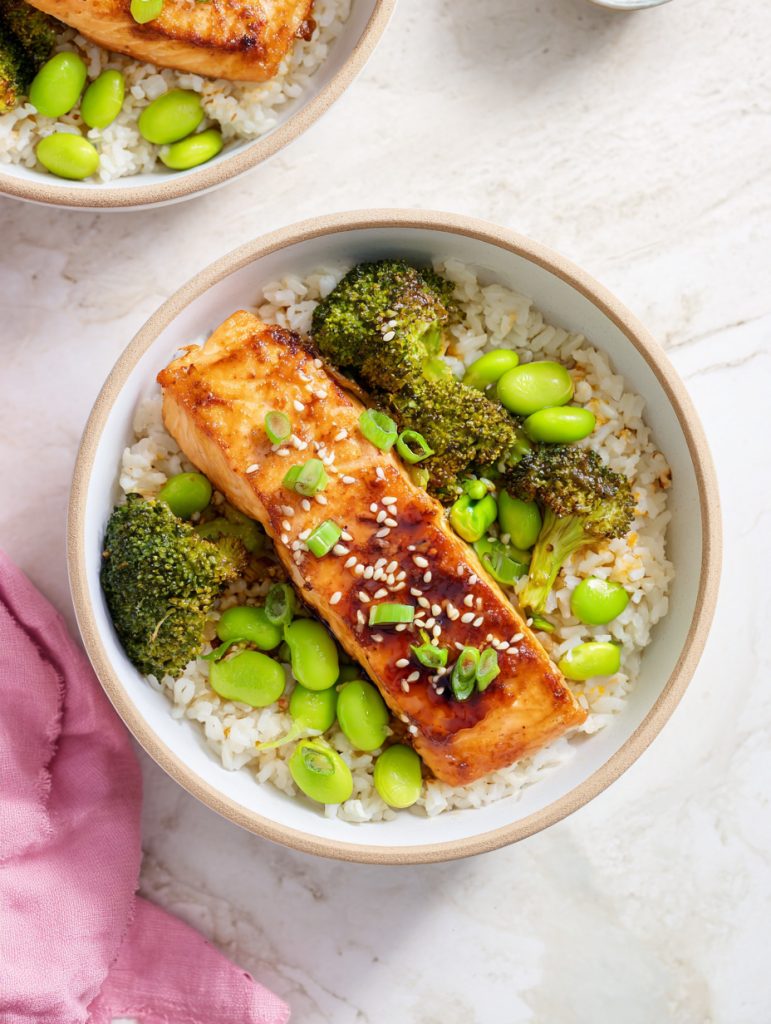 Teriyaki Salmon Rice and Edamame Bowl