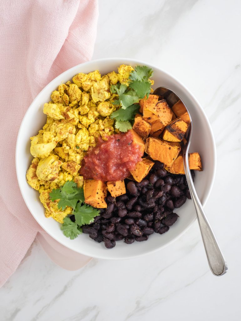 Tofu Scramble Bowl with Roasted Sweet Potato and Black Beans