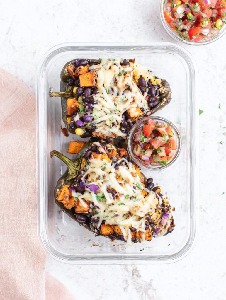 Air Fryer Stuffed Poblano Boats with Sweet Potato and Black Bean Salsa