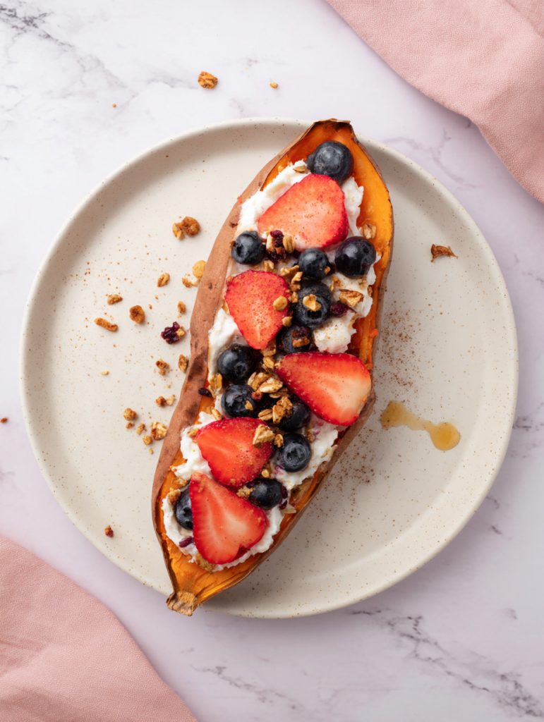 Breakfast Sweet Potato Boats With Cottage Cheese and Berries