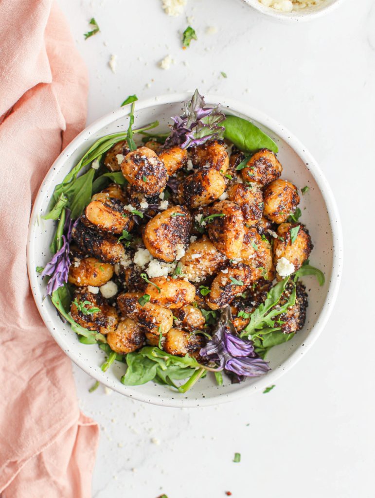 Crispy Everything Gnocchi Meal Prep with Spinach, Feta, and Lemon