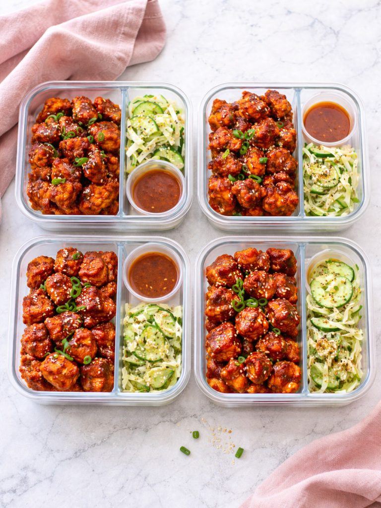 Gochujang Maple Tofu Nugget Boxes with Crunchy Cucumber Peanut Slaw