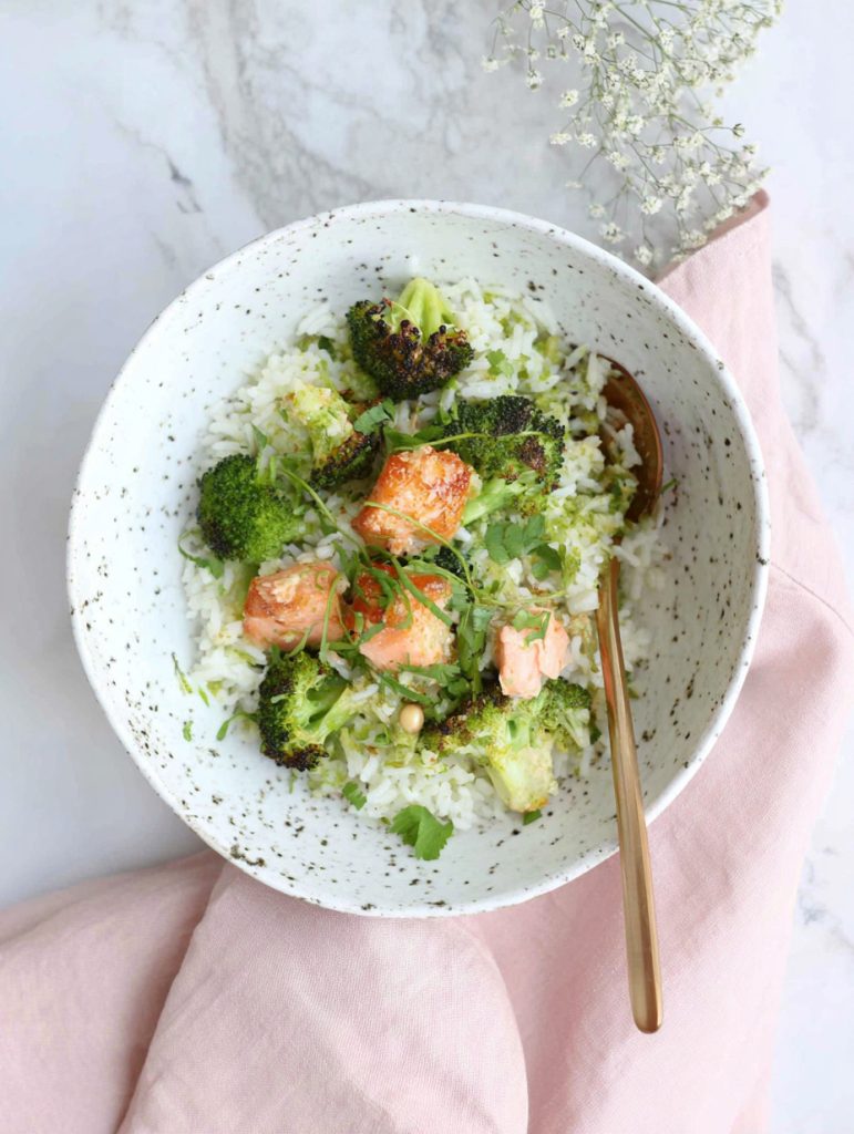 Honey Garlic Salmon and Roasted Broccoli Rice Bowls