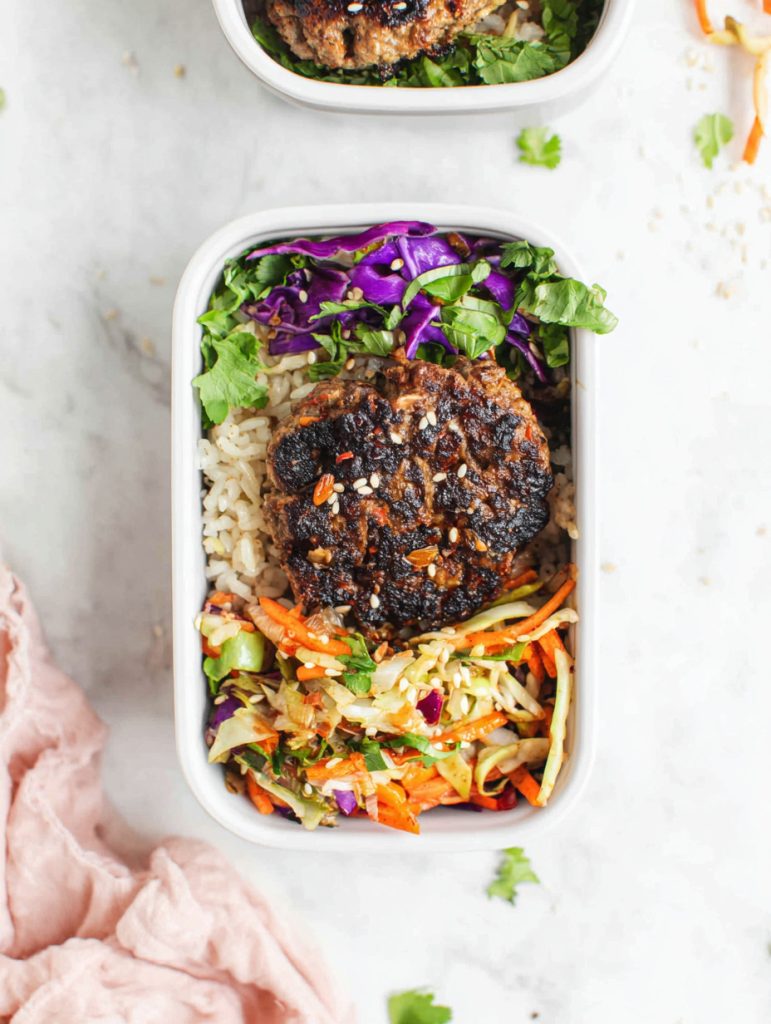 Kimchi Turkey Burger Patties with Sesame Cabbage Crunch