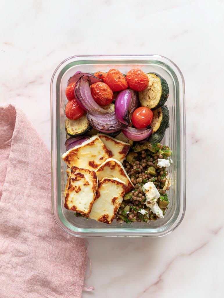 Mediterranean Halloumi Veggie Prep with Lemon Lentil Tabbouleh