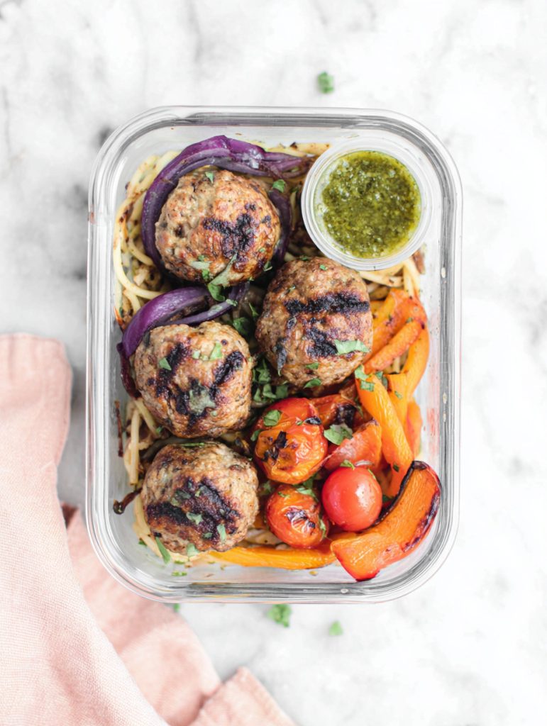 Pesto Turkey Meatball Meal Prep with Blistered Peppers and Tomatoes
