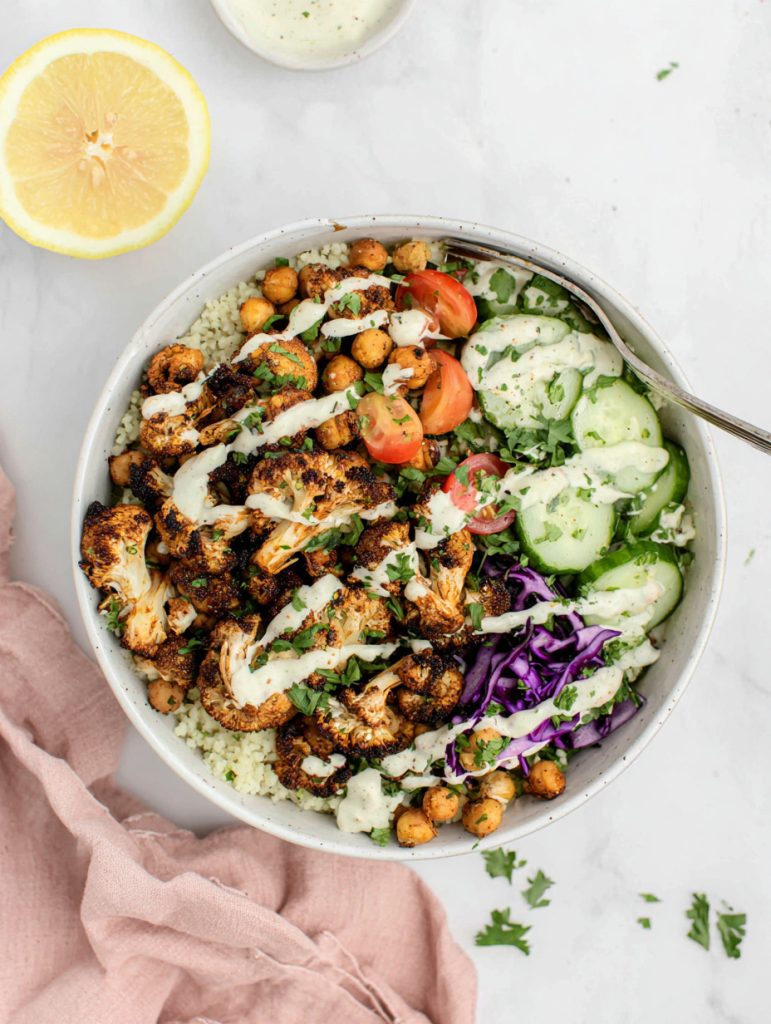Za’atar Chickpea and Cauliflower Shawarma Bowls with Lemon Tahini Drizzle